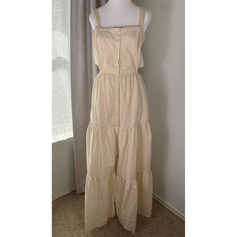 PAIGE Maxi Dress Womens L Cream EUC Button Front Tiered Smocked Cutout Boho